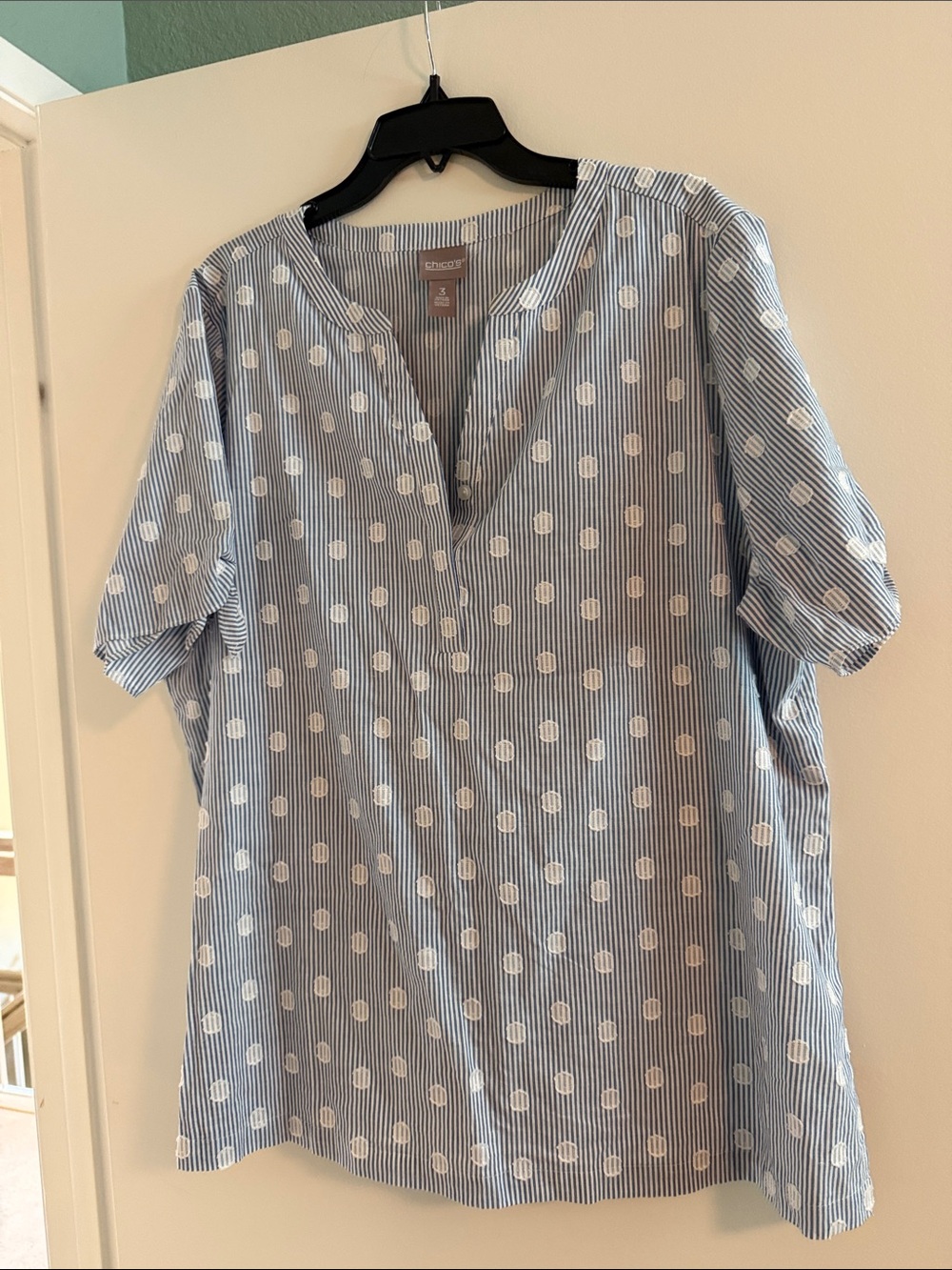 Chico's Blue and White Striped Dot Split-Neck Blouse